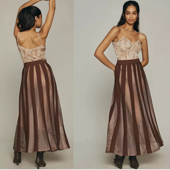 NWT NEW By Anthropologie Sheer Pleated Maxi Skirt size 3x brown color - Picture 2 of 5